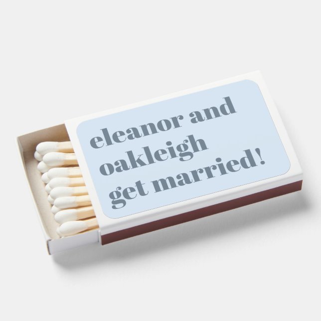 Bold Typography Fun Light Blue Chic Modern Wedding Matchboxes (Front Open)