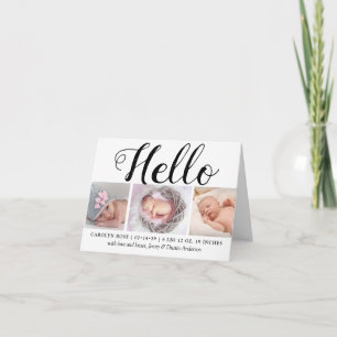 Bold Typography "Hello" 3 Photo Birth Announcement