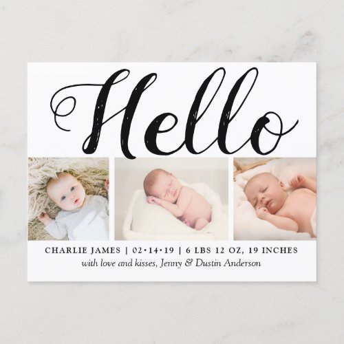 Bold Typography Hello 3 Photo Birth Announcement