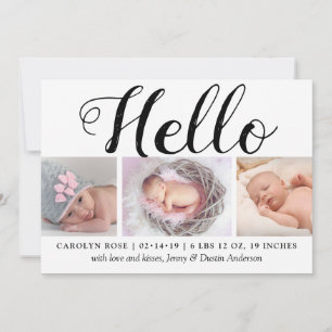 Bold Typography "Hello" 3 Photo Birth Announcement