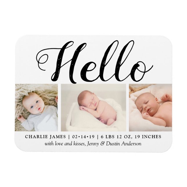 Bold Typography "Hello" 3 Photo Birth Announcement Magnet (Horizontal)