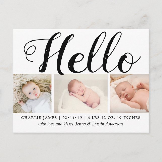 Bold Typography "Hello" 3 Photo Birth Announcement Postcard (Front)