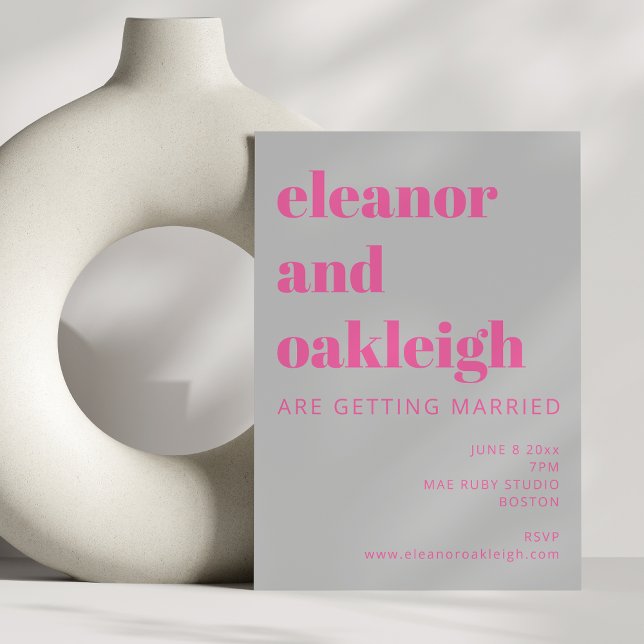 Bold Typography Hot Pink and Gray Modern Wedding Invitation (Creator Uploaded)