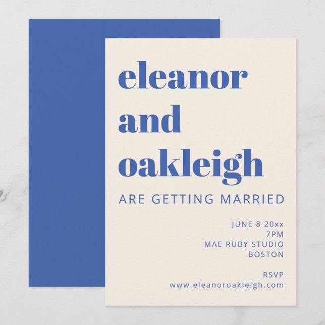 Bold Typography Ivory and Blue Modern Wedding Invitation (Front/Back)