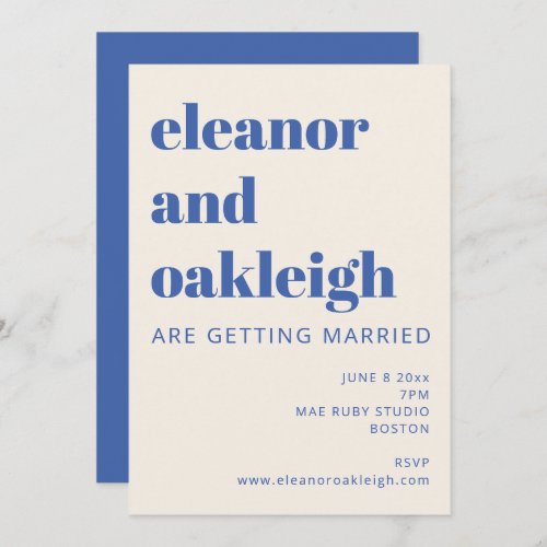 Bold Typography Ivory and Blue Modern Wedding Invitation