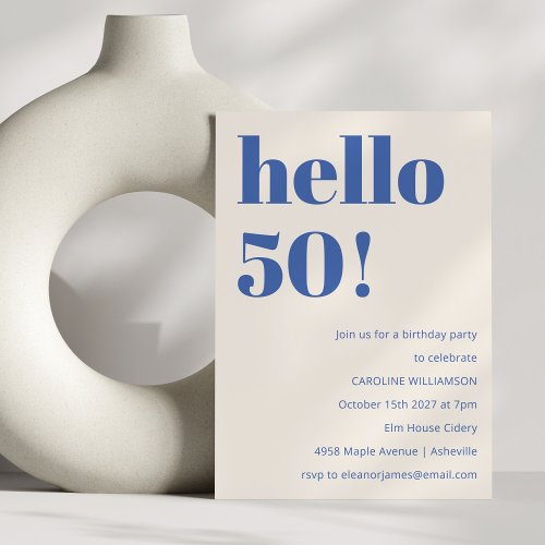 Bold Typography Ivory Blue Modern 50th Birthday  Invitation