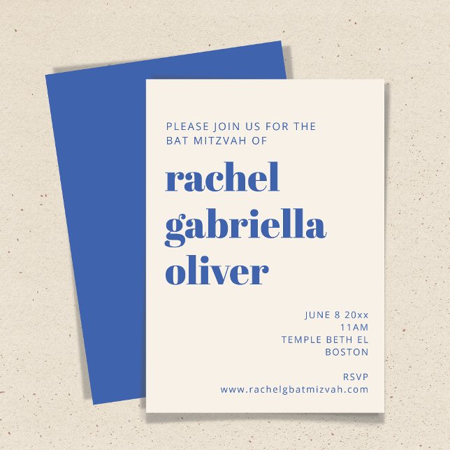 Bold Typography Ivory Blue Modern Bat Mitzvah Invitation (Creator Uploaded)