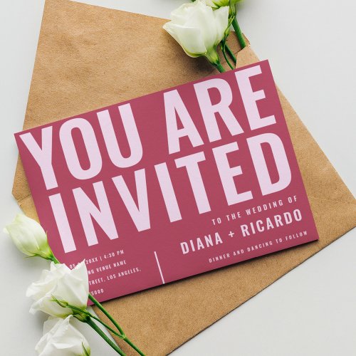 Bold Typography Magenta  Pink All in One Wedding Invitation