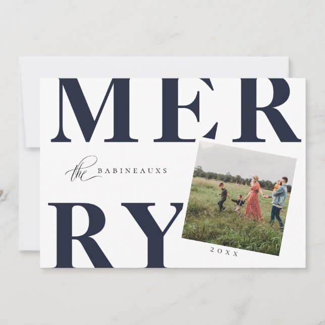 Bold Typography MERRY Holiday Photo Card Navy Blue (Front)