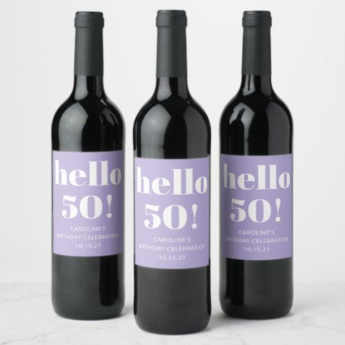 Bold Typography Modern Lavender Birthday Party 50 Wine Label