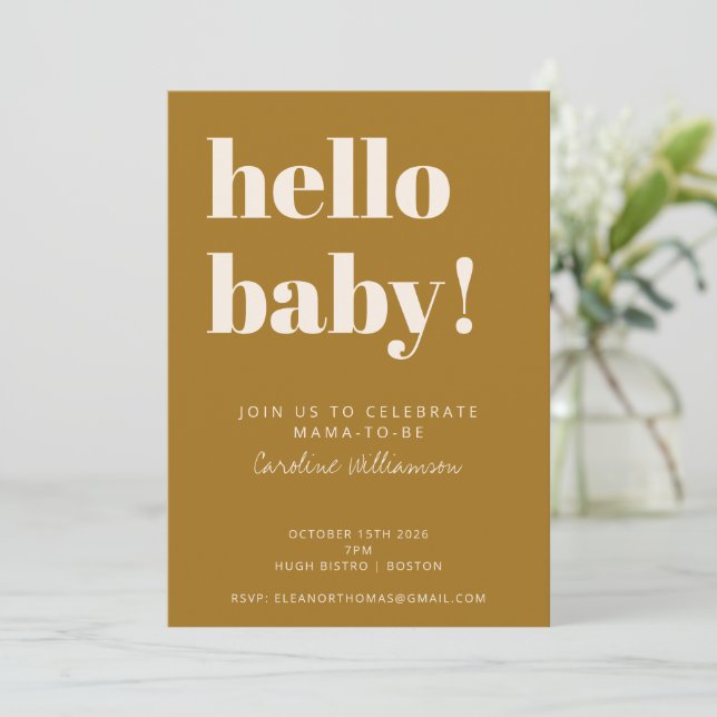 Bold Typography Modern Mustard Gold Baby Shower Invitation (Standing Front)