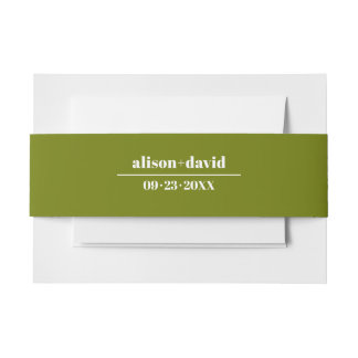 Bold typography olive green minimalist wedding invitation belly band