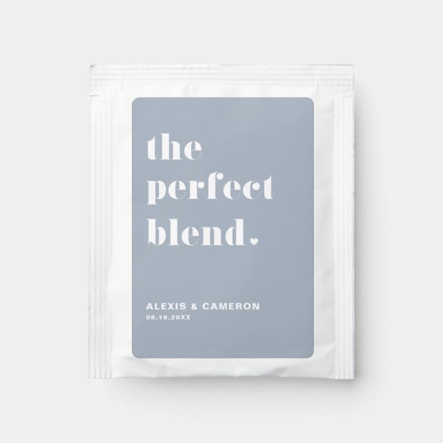 Bold Typography Perfect Blend Dusty Blue Wedding Tea Bag Drink Mix (Front)