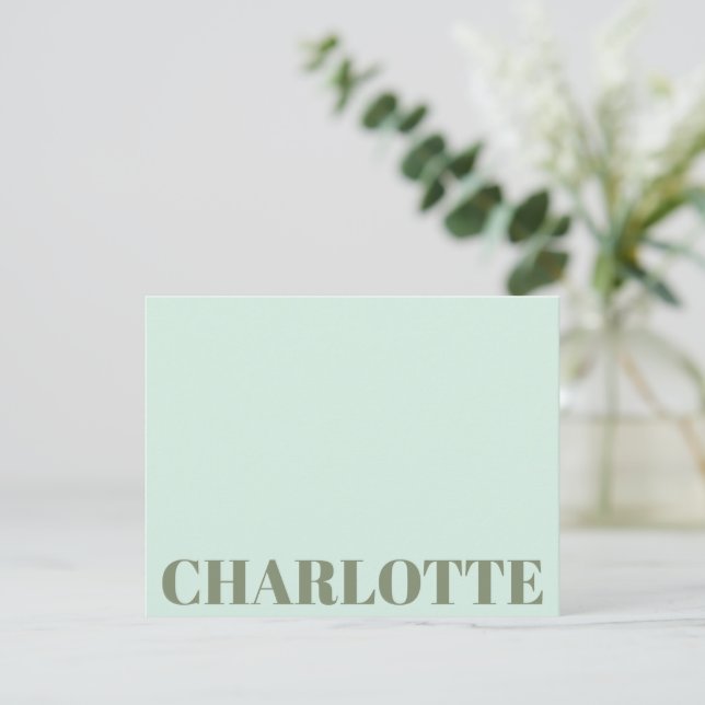 Bold Typography Personalized Name Mint Sage Green Note Card (Standing Front)