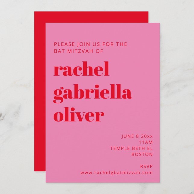 Bold Typography Pink and Red Modern Bat Mitzvah Invitation (Front/Back)