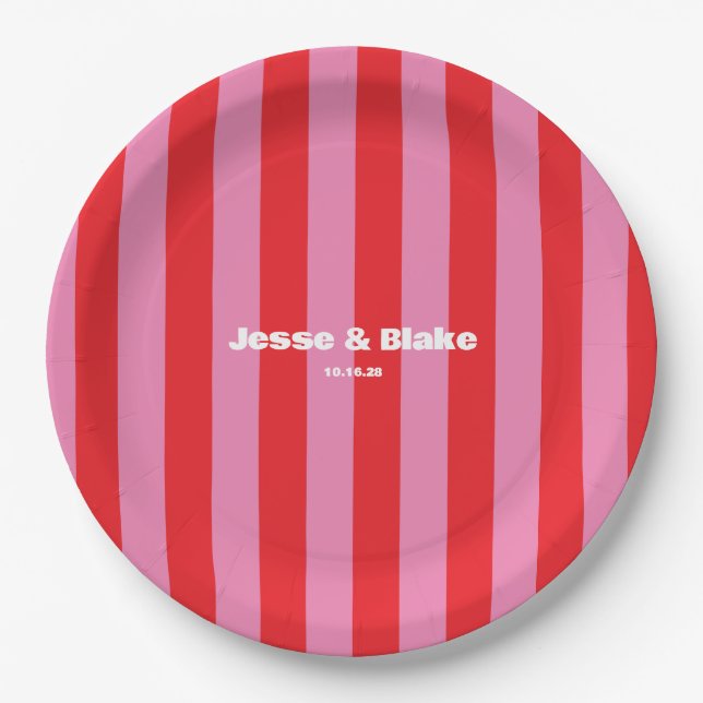 Bold Typography, Pink and Red Wedding Paper Plates (Front)