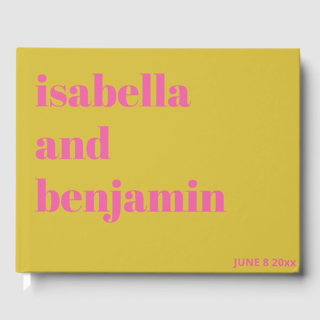 Bold Typography Pink Chartreuse Yellow Wedding Guest Book (Front)