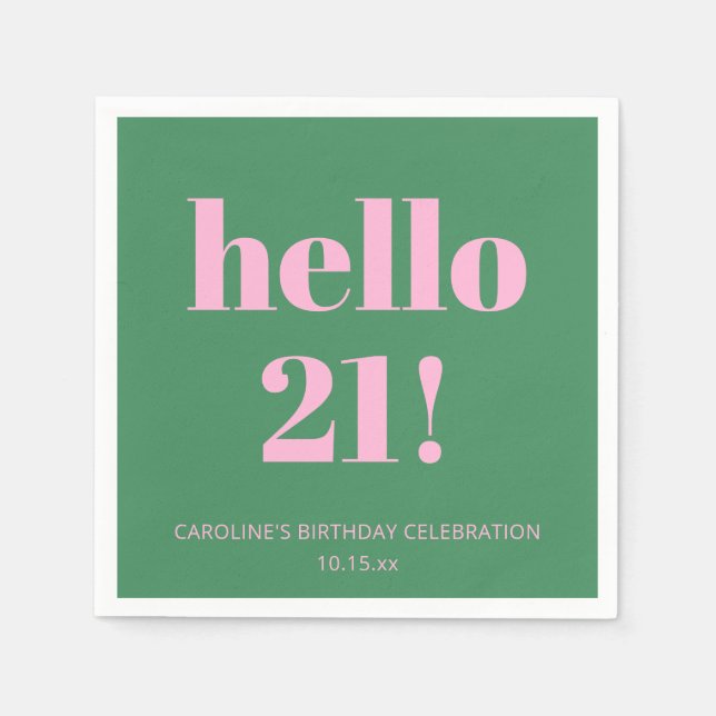 Bold Typography Pink Green Modern 21st Birthday  Napkins (Front)