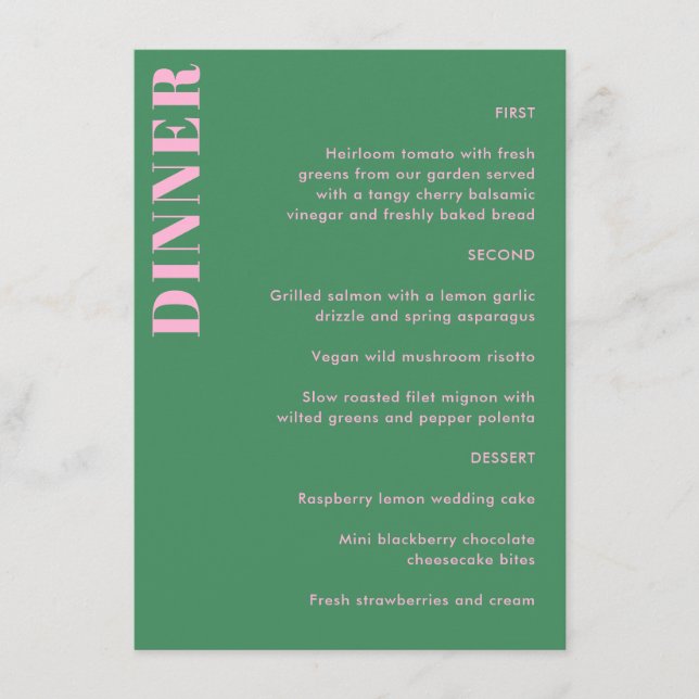Bold Typography Pink Green Simple Wedding Dinner  Menu (Front)