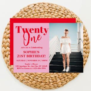 Bold Typography Pink Modern 21st Birthday Party Invitation