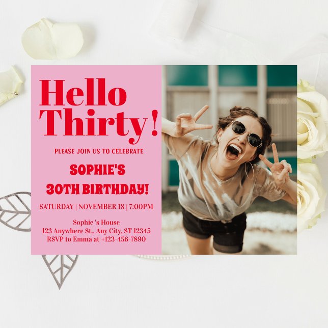 Bold Typography Pink Modern 30th Birthday Photo Invitation (Creator Uploaded)