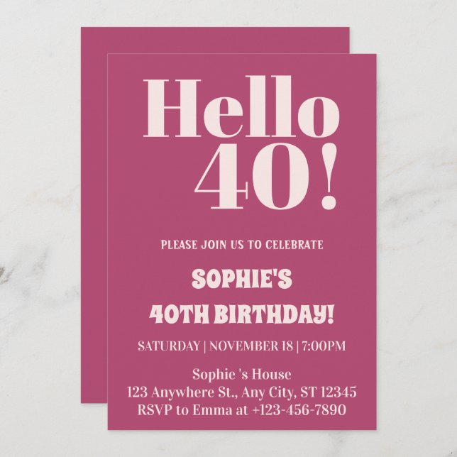 Bold Typography Pink  Modern 40th Birthday Party  Invitation (Front/Back)