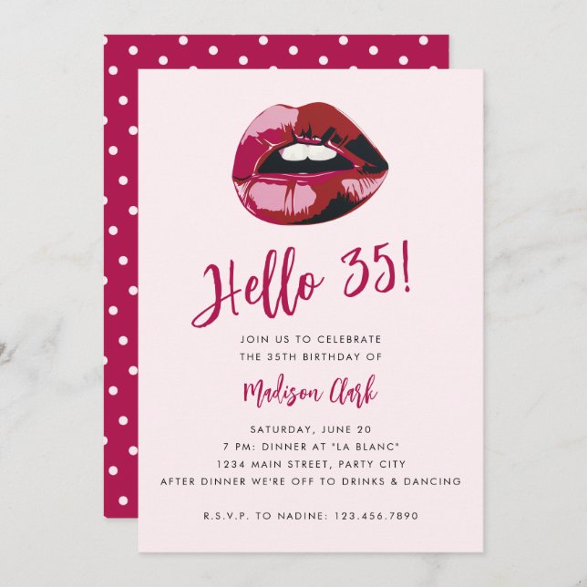 Bold Typography Pink Red Lips Modern 35th Birthday Invitation (Front/Back)