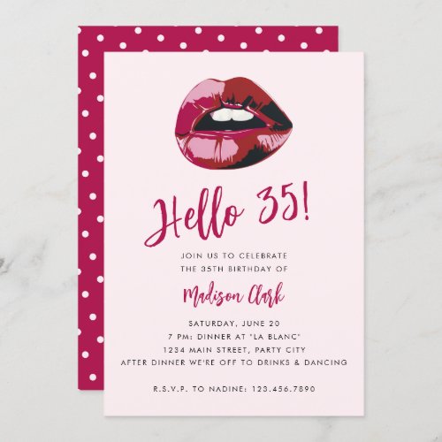Bold Typography Pink Red Lips Modern 35th Birthday Invitation