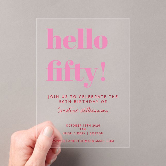 Bold Typography Pink Red Modern 50th Birthday Acrylic Invitations (Insitu (Handheld))