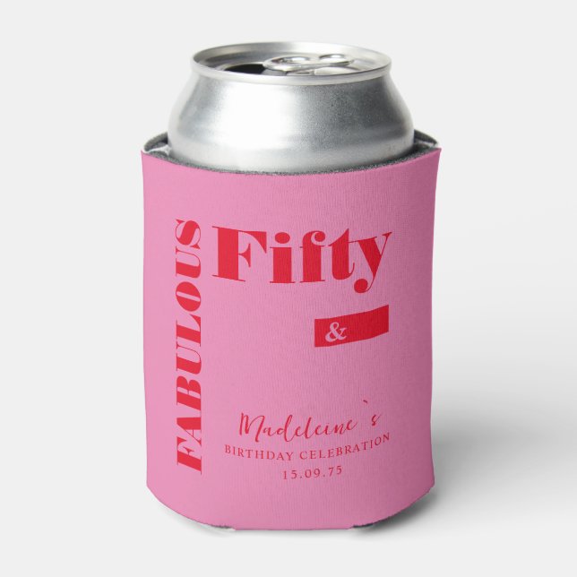 Bold Typography Pink Red Modern 50th Birthday Can Cooler (Can Front)