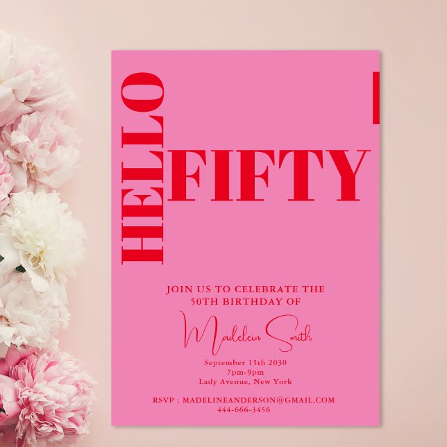 Bold Typography Pink Red Modern 50th Birthday Invitation (Creator Uploaded)