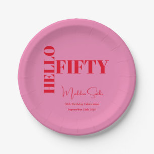 Bold Typography Pink Red Modern 50th Birthday Paper Plates
