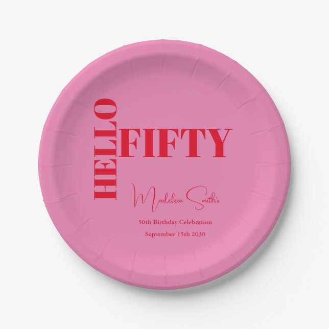 Bold Typography Pink Red Modern 50th Birthday Paper Plates (Front)