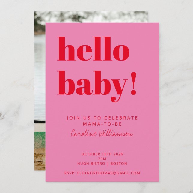 Bold Typography Pink Red Modern Baby Shower Photo Invitation (Front/Back)
