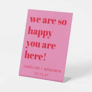 Bold Typography Pink Red Modern Wedding Welcome Pedestal Sign