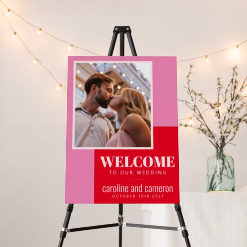 Bold Typography Pink Red Photo Wedding Welcome Foam Board