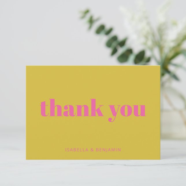 Bold Typography Pink Yellow Custom Wedding Flat Thank You Card (Standing Front)