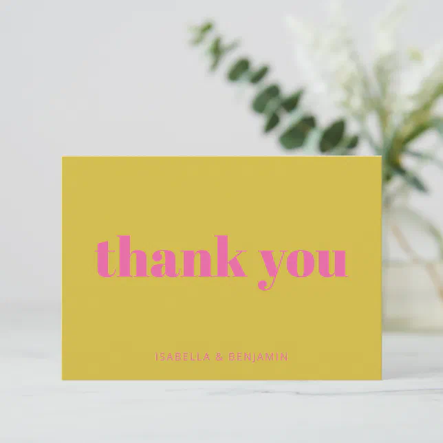 Bold Typography Pink Yellow Custom Wedding Flat Thank You Card | Zazzle