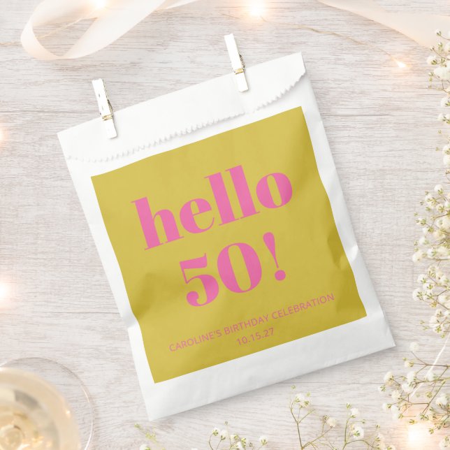 Bold Typography Pink Yellow Modern 50th Birthday Favor Bag (Clipped)