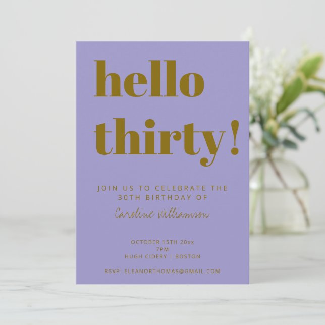 Bold Typography Purple Gold Modern 30th Birthday Invitation (Standing Front)