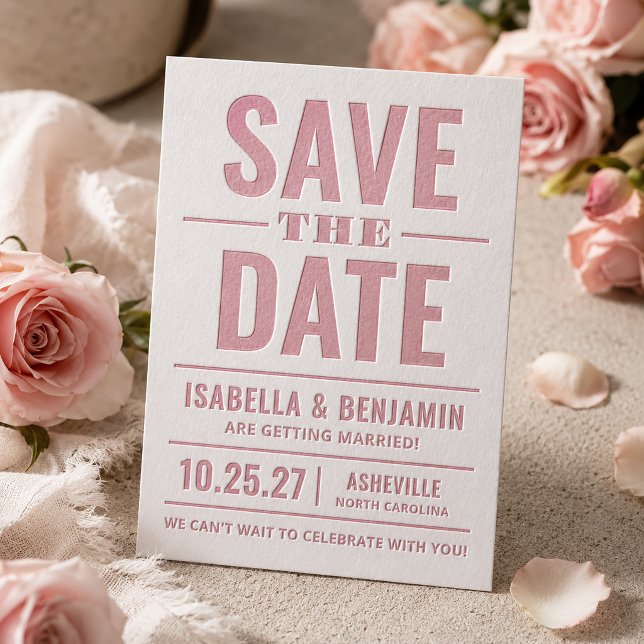 Bold Typography Save the Date Wedding Letterpress Invitation (Simulated card on table)