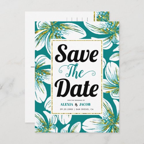 Bold typography teal floral Save the Date Announcement Postcard