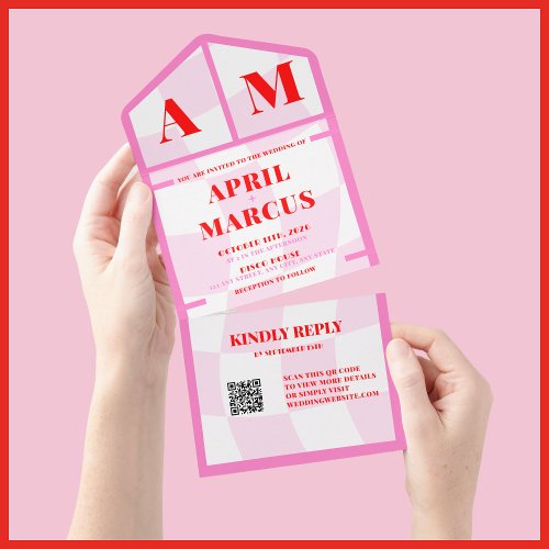 Bold Typography Vibrant Pink Red Monogram Wedding All In One Invitation