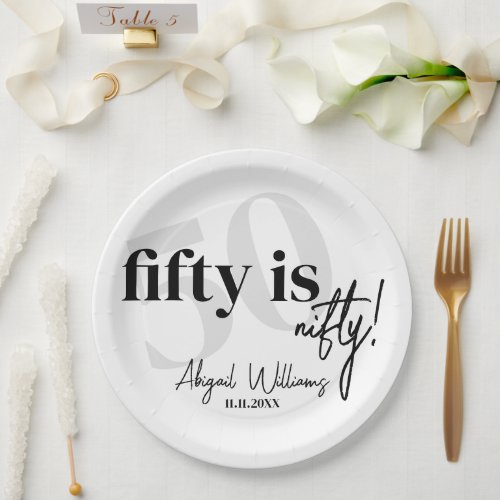 Bold Typography w Calligraphy 50th Birthday Party Paper Plates