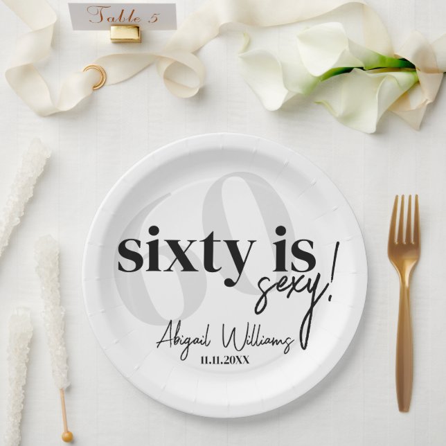Bold Typography w/ Calligraphy 60th Birthday Party Paper Plates (Wedding)
