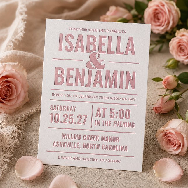 Bold Typography Wedding Letterpress Invitation (Simulated invitation on table)