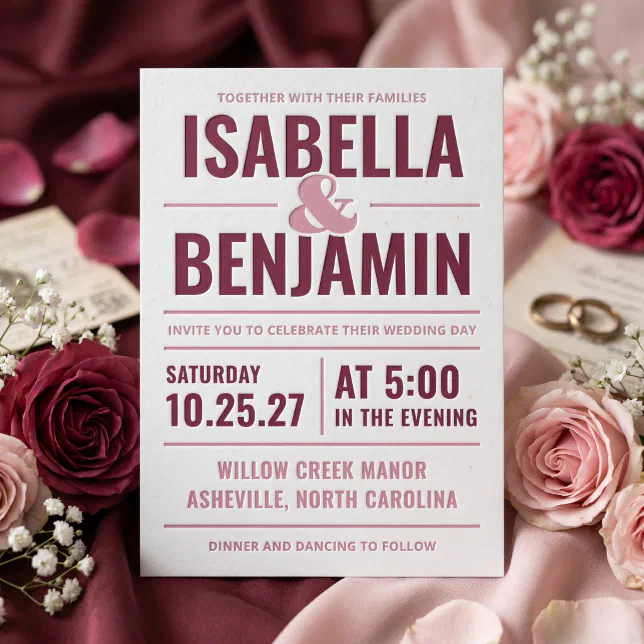 The invitation design illustrates large and small texts in shades of pink. In the background there's a range of roses, paper materials, and wedding bands.