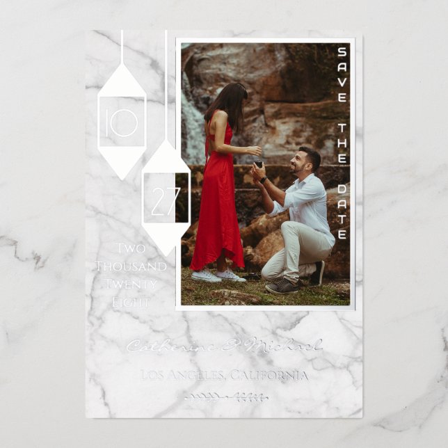 Bold Typography White Marble Photo Minimal  Foil Invitation (Front)