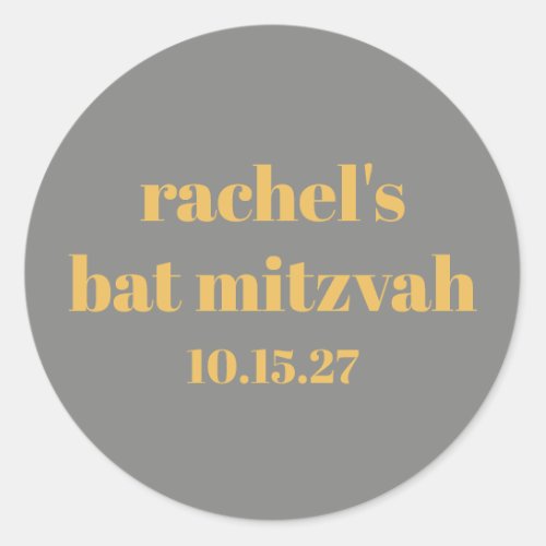 Bold Typography Yellow Gray Custom Bat Mitzvah Classic Round Sticker