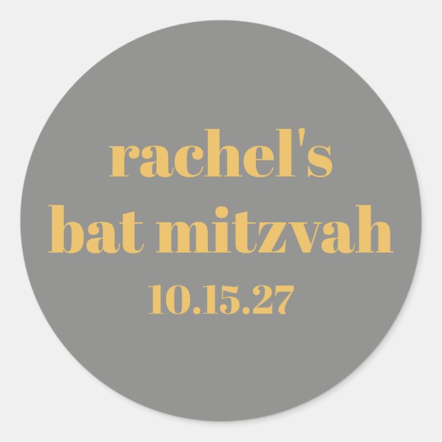 Bold Typography Yellow Gray Custom Bat Mitzvah Classic Round Sticker (Front)